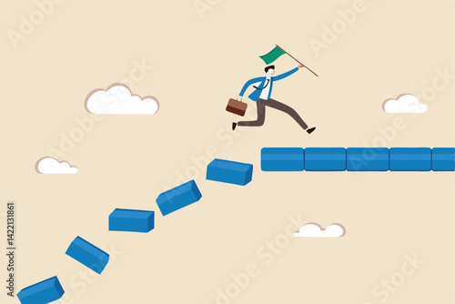 Survive and success in crisis, taking risk to thrive and succeed, courage or confidence to achieve target, effort to overcome challenge concept, businessman jumping on collapse bridge to reach target.