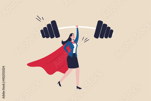 Woman strength powerful superhero, lady leadership or success female leader, pride, ambition, effort or business champion concept, confidence powerful businesswoman superhero lifting heavy weight.