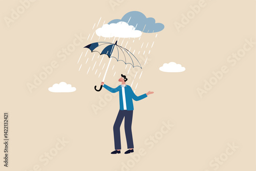 Useless or meaningless effort, disappointment, mistake or difficulty, trouble or struggle, mistake or bad decision concept, frustrated wet businessman with broken useless umbrella in the rain.