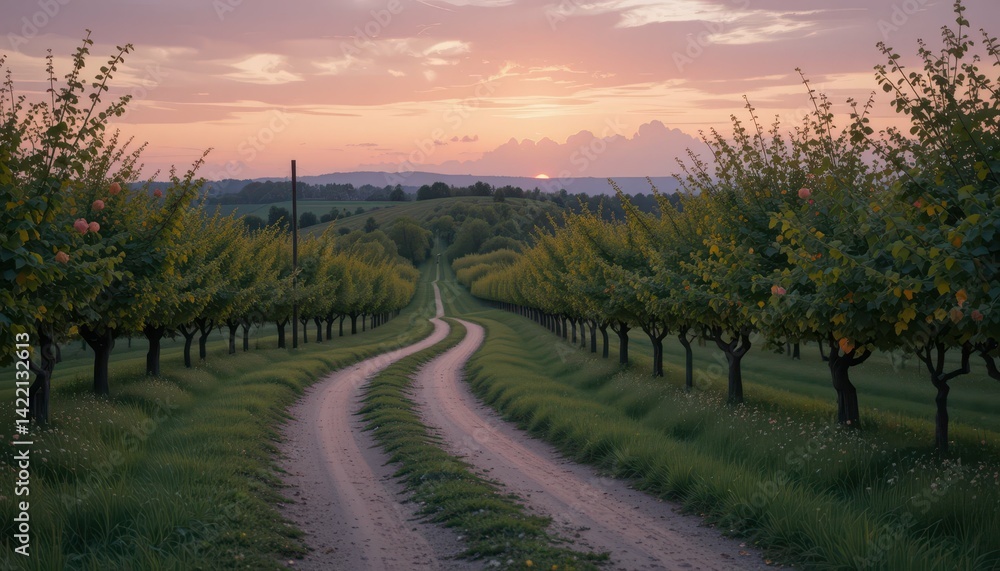 Fototapeta premium Serene Sunset Over a Winding Path Through Lush Green Orchards