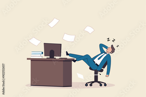 Quiet quitting, lack of work motivation, work boredom or morality, exhaustion or burn out from hard work without recognition concept, unhappy businessman sleeping while working at busy workplace.