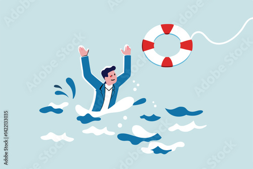 Help in crisis, life saver, rescue or business support, safe and security aid to solve problem, emergency lifebuoy concept, hopeless businessman drowning in ocean try to grab lifebuoy from safe guard.