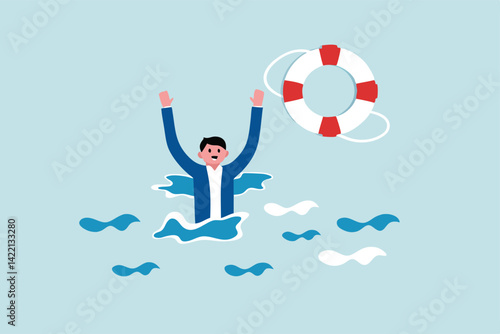 Help in crisis, life saver, rescue or business support, safe and security aid to solve problem, emergency lifebuoy concept, hopeless businessman drowning in ocean try to grab lifebuoy from safe guard.