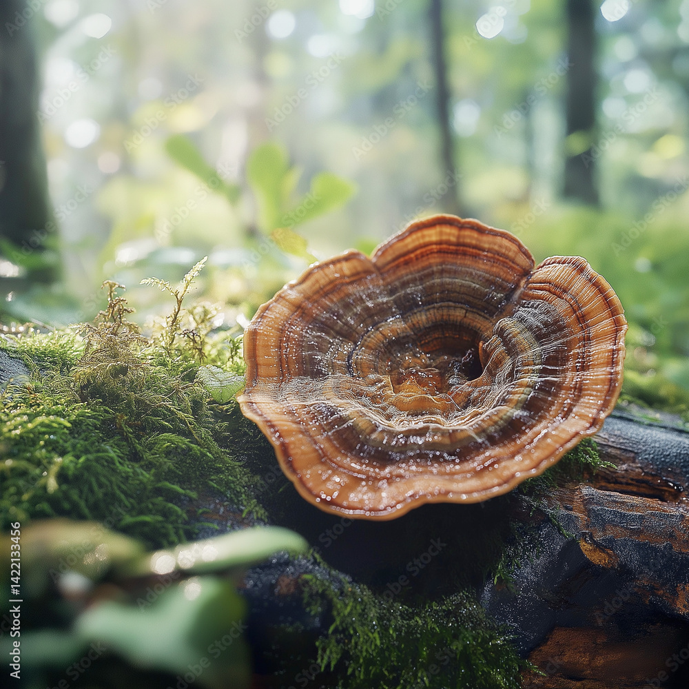 Close-up of Reishi mushroom on fallen log Close-up of Reishi mushroom on fallen log
