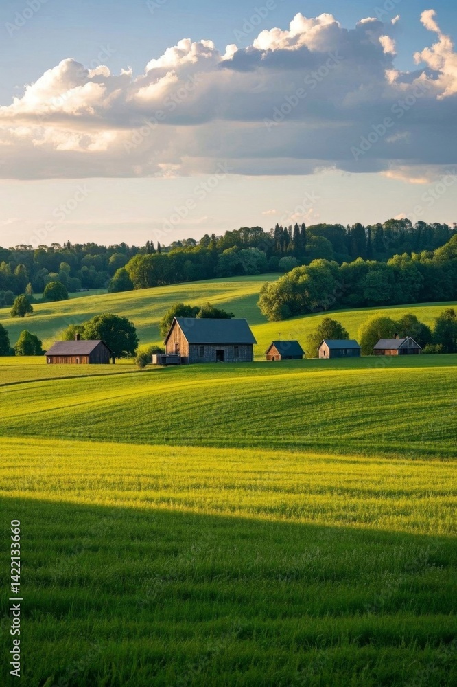 Fototapeta premium arafed farm in a green field with a few trees