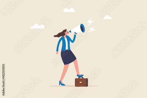 Speak up, communicate with confidence, telling the truth or presentation skill, storytelling, speaker, presentation or shout out concept, confidence businesswoman leader speak out loud on megaphone.