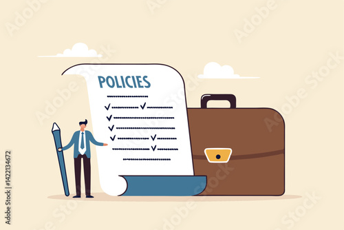 Company policies document, legal of term and services, agreement or process to follow, corporate rules or guidance concept, businessman holding pen with company policy document and business briefcase.