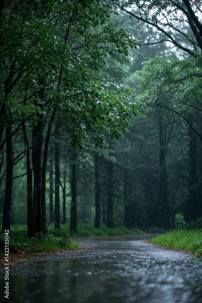 there is a wet road in the woods with trees and a red umbrella there is a wet road in the woods with trees and a red umbrella