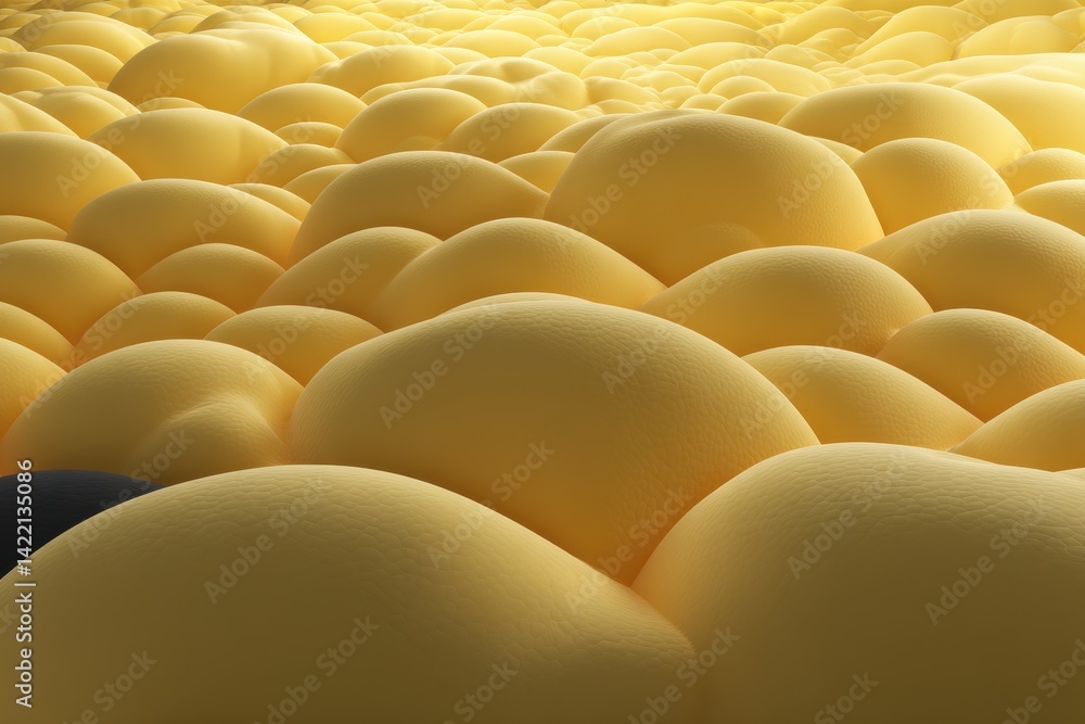 Fototapeta premium Abstract landscape of textured yellow mounds resembling sand dunes or hills, creating a soft and undulating surface with one dark mound.