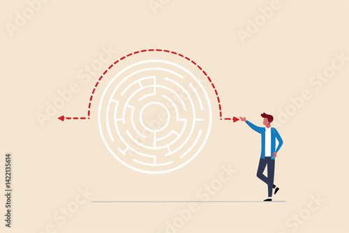 Workaround or solution to bypass problem or difficulty, creativity to overcome obstacle or solving business problem, avoiding path concept, businessman genius draw workaround line to solve labyrinth.
