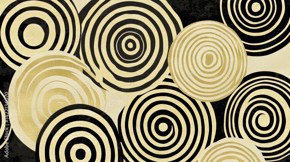 Black and gold pattern of circles. The circles are of different sizes and are arranged in a way that creates a sense of movement and energy. The pattern is bold and eye-catching Black and gold pattern of circles. The circles are of different sizes and are arranged in a way that creates a sense of movement and energy. The pattern is bold and eye-catching