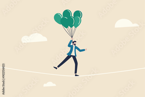 Risk management control or assessment on uncertainty, plan to survive in crisis or danger situation, reduce loss or disaster concept, businessman acrobat walk on the rope with balloons to reduce risk.