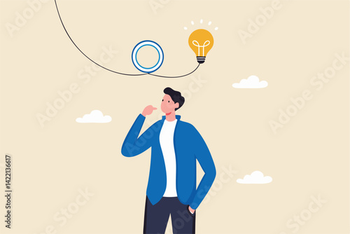Rethink or think again to make change for better result, thinking new way to solve problem or make decisions, innovation idea to disruption concept, smart businessman rethink with lightbulb idea.