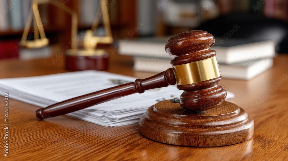 Wooden Gavel on a Desk with Legal Documents and Scales of Justice in an Office Environment Wooden Gavel on a Desk with Legal Documents and Scales of Justice in an Office Environment