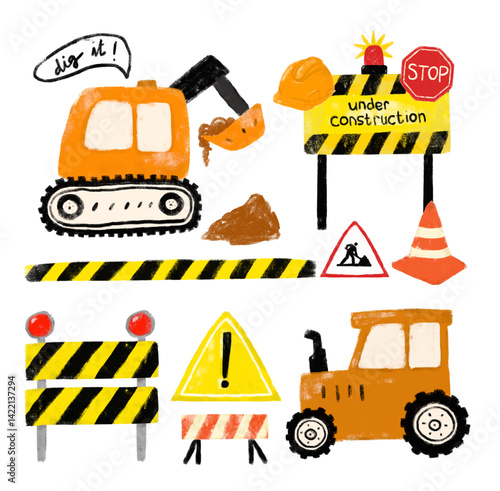 Cute set collections of safety road sign construction site vehicle excavator tractor doodle kids illustration crayon watercolour street traffic element boy birthday party invitation design