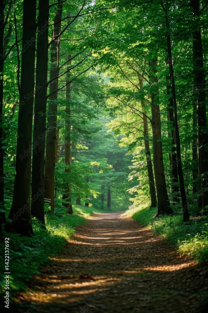 Fototapeta premium a dirt road in the middle of a forest with lots of trees