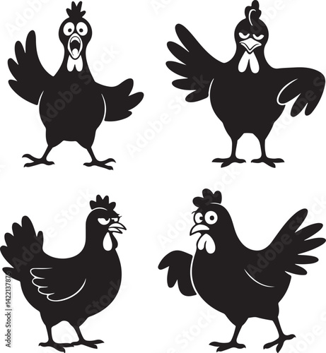 Four Silhouettes of Chickens Showing Different Expressions