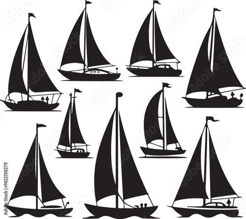 Collection of Black Silhouettes Sailboats Yacht Designs