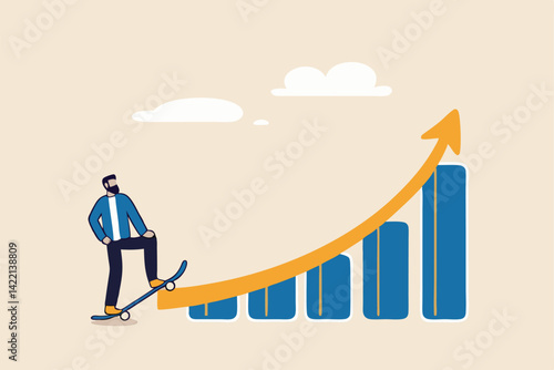 Growth for success, growing business to achieve goal, progress or improvement, career development or financial profit earning, businessman with skateboard prepare to run on growth rising graph.