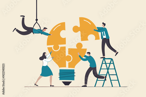 Team building, team collaboration for business idea, teamwork to solve problem, participate to work together for success concept, businessmen and businesswomen team up to solve lightbulb jigsaw.