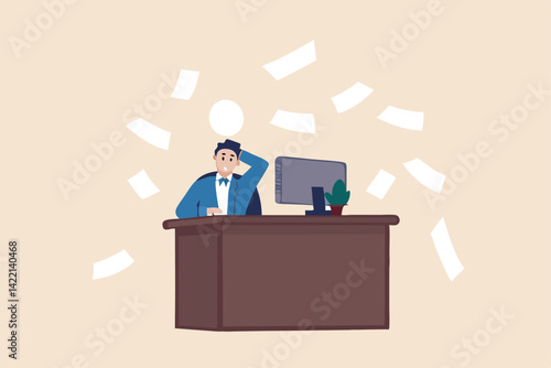 Overwhelmed, work stress, tired or fatigue from overworked, busy to finish project paperwork in deadline, anxiety or exhaustion, headache concept, frustrated businessman sitting on office busy desk.