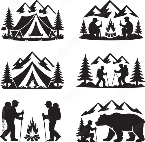 Camping Hiking Silhouette Icons Set Mountain Adventure