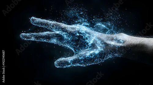 A human hand transforming into glowing digital energy. It visualizes the concept of technology connection or data transfer. Suitable for tech presentations.