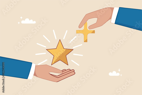 Value added, increase value or price of product to make profit, additional advantage or development for more benefit concept, businessman hand holding star value and another added plus sign to it.