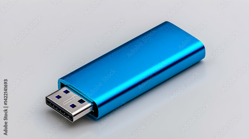 Blue Metal USB Flash Drive on White Background Blue Metal USB Flash Drive on White Background