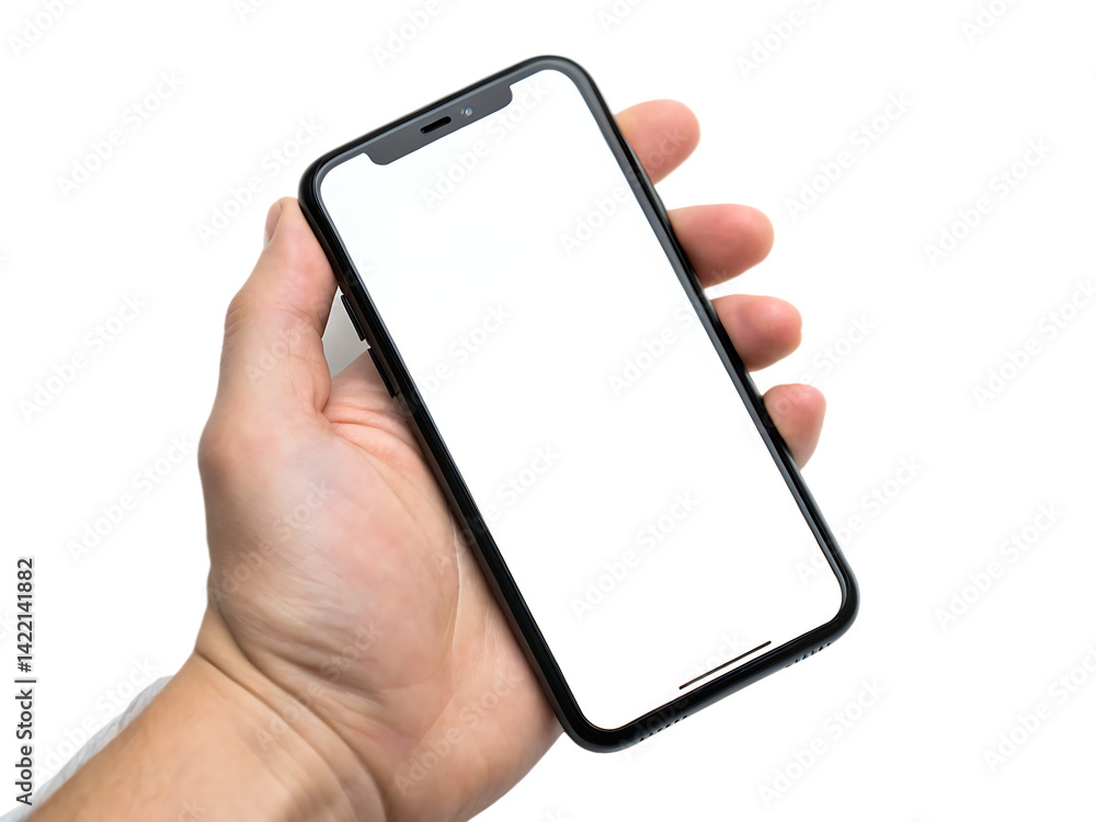 A hand holding a modern smartphone with a blank white screen against a black background in studio shot A hand holding a modern smartphone with a blank white screen against a black background in studio shot