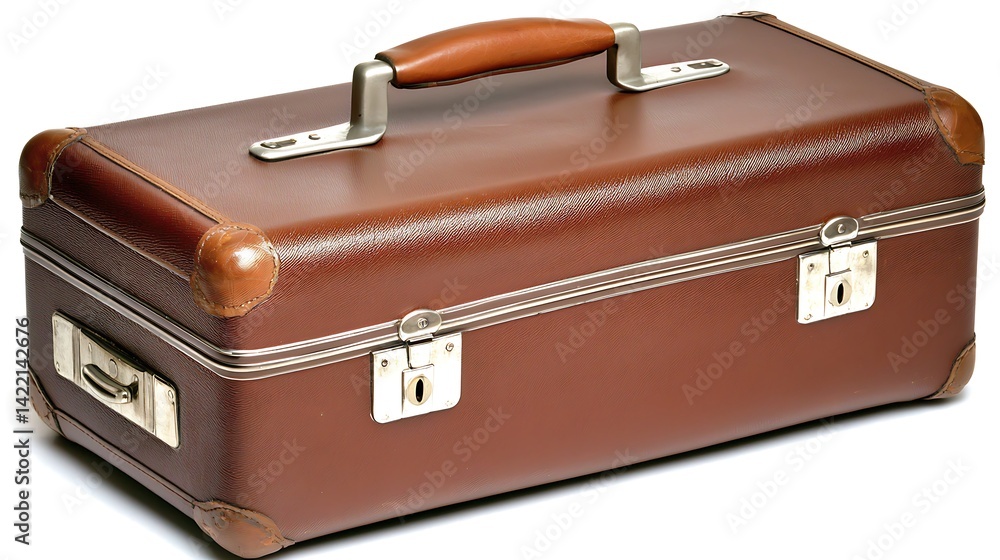 Classic Brown Leather Suitcase with Handle and Metal Accents Classic Brown Leather Suitcase with Handle and Metal Accents