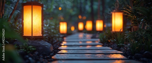 Pathway lit by lanterns at twilight