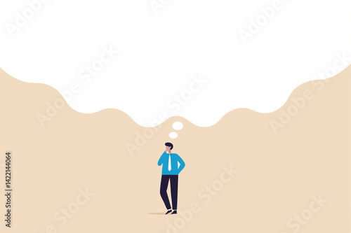 Think big, ambition to success, dream big to change the world or contemplation to get solution to solve big problem, imagination or creativity concept, smart businessman thinking with big bubble.