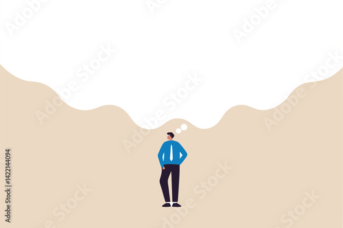 Think big, ambition to success, dream big to change the world or contemplation to get solution to solve big problem, imagination or creativity concept, smart businessman thinking with big bubble.