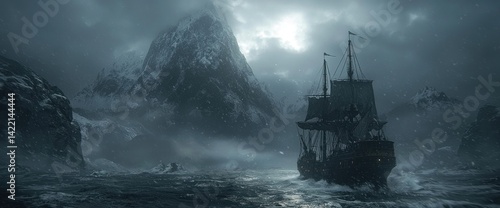Stormy sea, ship in icy mountains