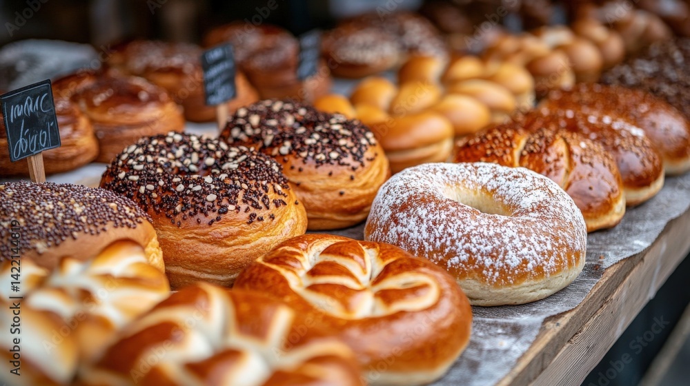 Freshly baked pastries and donuts displayed on a rustic wooden table at a bakery market Freshly baked pastries and donuts displayed on a rustic wooden table at a bakery market