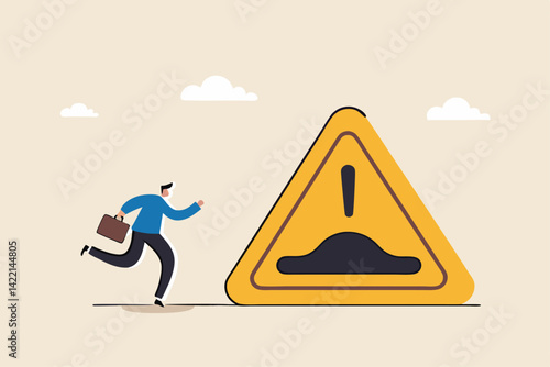 Business slow down due to obstacles, difficulty or speed limit, beware of crisis ahead or recession, economic depression concept, businessman running with arrow to find speed bump slow down sign.