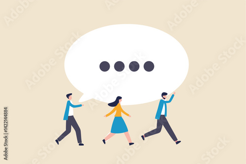 Team discussion, community or social feedback, communication or announcement dialog, team meeting concept, businessman and businesswoman team members help carrying big speech bubble with copy space.