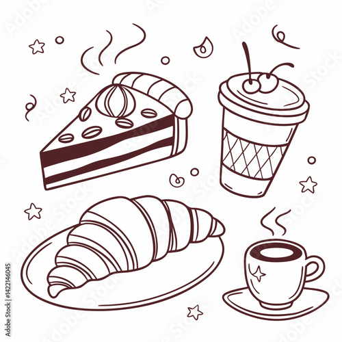 Cute line doodle coffee shop icon set. Hot and cold drinks, desserts, cake, sandwich, croissant. Hand drawn cafe and patisserie design elements. Crayon scribble and squiggle  drawings, white backgroun