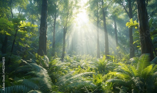 Sunlit Ferns and Towering Trees  A Serene Forest Scene of Verdant Beauty