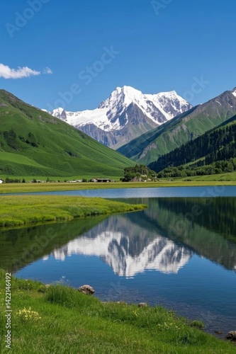 mountains reflected in a lake with a green field and a blue sky