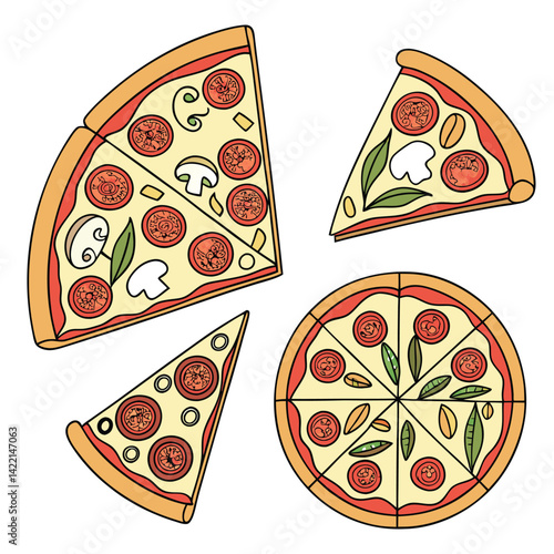 Hand-Drawn Pizza Slices Illustrations,
Delicious Pizza with Toppings Clipart,
Fun and Colorful Pizza Slice Designs.