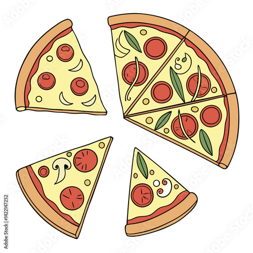 Hand-Drawn Pizza Slices Illustrations,
Delicious Pizza with Toppings Clipart,
Fun and Colorful Pizza Slice Designs.