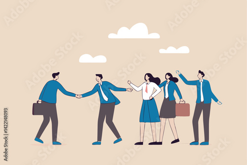 Onboarding new employee, warm welcome to new office, introduce new hire to colleagues, orientation training on first day concept, businessman manager handshake welcome and introduce new staff to team.