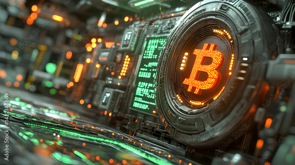 Fototapeta premium Glowing Bitcoin Symbol in Futuristic Technological Setting
