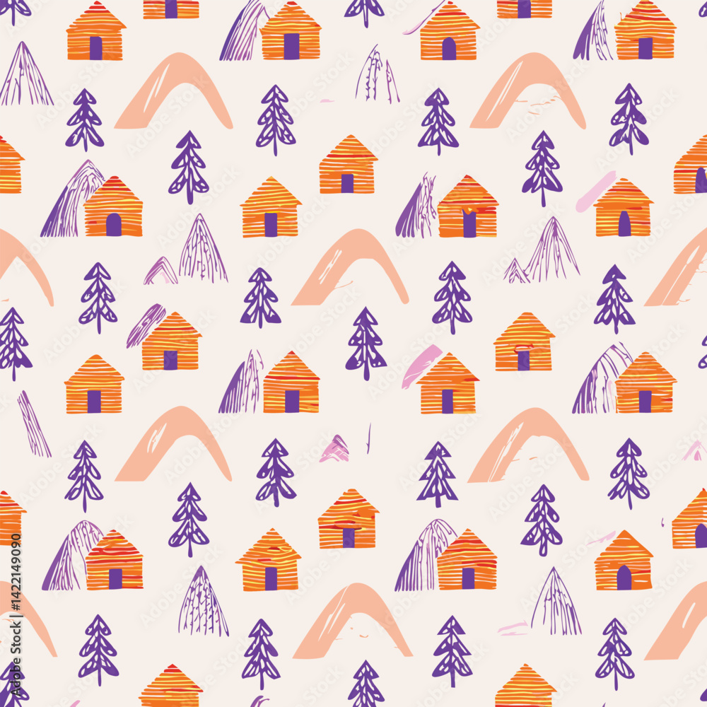 Seamless Pastel Mountain Cabins and Pine Trees Pattern Seamless Pastel Mountain Cabins and Pine Trees Pattern