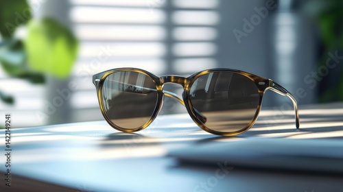 Close Up Of Tortoiseshell Sunglasses Resting On A Wooden Desk With Window Light And Blurry Background photo