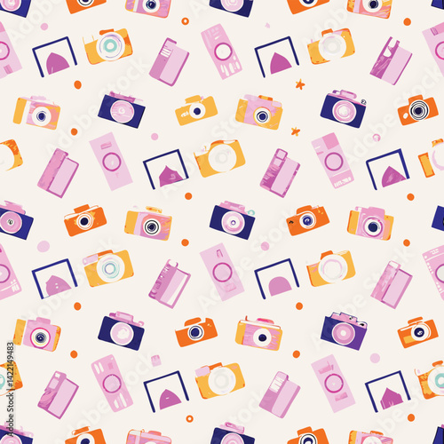 Seamless Hand-Drawn Pastel Vintage Cameras Pattern
