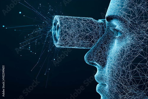 A digital face with a telescope concept. It can visualize data analysis future technology exploration or scientific observation. Consider it for tech or AI content.