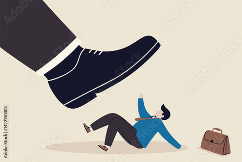 Workplace harassment, abuse or office violence, colleagues bullying or discrimination, bossy manager or aggression concept, violence boss put his giant feet on fearful businessman harassment victim.